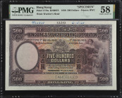 (t) HONG KONG. Hong Kong & Shanghai Banking Corporation. 500 Dollars, 1930. P-177bs. Specimen. PMG Choice About Uncirculated 58.
Printed by BWC. Wate...