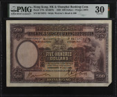(t) HONG KONG. The Hong Kong & Shanghai Banking Corporation. 500 Dollars, 1930. P-177b. PMG Very Fine 30.
Manuscript signatures at both Accountant an...