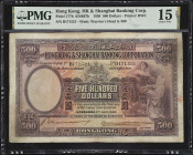 (t) HONG KONG. Hong Kong & Shanghai Banking Corporation. 500 Dollars, 1930. P-177b. PMG Choice Fine 15 Net. Restoration.
Printed by BWC. Watermark of...
