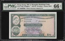 (t) HONG KONG. The Hong Kong & Shanghai Banking Corporation. 10 Dollars, 1970-76. P-182g. Low Serial Number. PMG Gem Uncirculated 66 EPQ.
Printed by ...