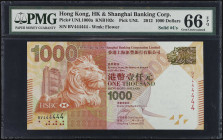 (t) HONG KONG. The Hong Kong & Shanghai Banking Corporation Limited. 1000 Dollars, 2012. P-Unlisted. Solid Serial Number. PMG Gem Uncirculated 66 EPQ....