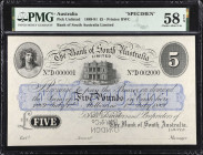 AUSTRALIA. The Bank of South Australia. 5 Pounds, 1889-91. P-Unlisted. Specimen. PMG Choice About Uncirculated 58 EPQ.
Printed by BWC. Dated July 1st...