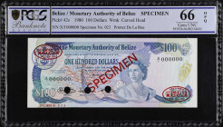 BELIZE. The Monetary Authority of Belize. 100 Dollars, 1980. P-42s. Specimen. PCGS Banknote Gem Uncirculated 66 OPQ.
Watermark of carved head. Printe...