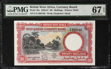 BRITISH WEST AFRICA. West African Currency Board. 20/- Shillings, 1953-57. P-10a. PMG Superb Gem Uncirculated 67 EPQ.
Printed by W&S. Watermark of el...