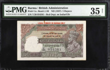BURMA. British Administration. 5 Rupees, ND (1937). P-1a. PMG Choice Very Fine 35 Net. Staple Holes at Issue. Rust, Spindle Hole.
Red overprint on In...