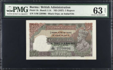 BURMA. British Administration. 5 Rupees, ND (1937). P-1b. PMG Choice Uncirculated 63 Net. Staple Holes at Issue. Stains.
Black overprint on India P-1...