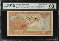 BURMA. Burma State Bank. 100 Kyats, ND (1944). P-21s1. Specimen. PMG Choice Uncirculated 63.
Red specimen overprint on front and back. Watermark of t...