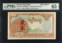 BURMA. State Bank of Burma. 100 Kyats, ND (1944). P-21s2. Specimen. PMG Gem Uncirculated 65 EPQ.
Red Mihon overprint on front only. Block 1. PMG Pop ...