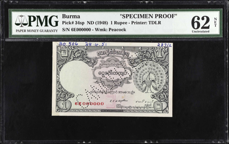 BURMA. Government of Burma. 1 Rupee, ND (1948). P-34sp. Specimen Proof. PMG Unci...