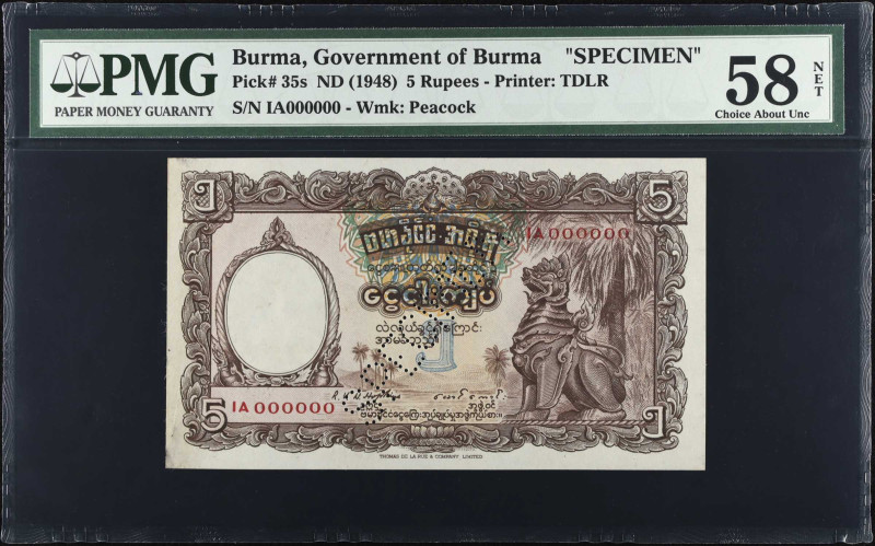 BURMA. Government of Burma. 5 Rupees, ND (1948). P-35s. Specimen. PMG Choice Abo...