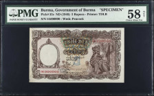 BURMA. Government of Burma. 5 Rupees, ND (1948). P-35s. Specimen. PMG Choice About Uncirculated 58 Net. Previously Mounted.
Printed by TDLR. Watermar...
