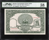 BURMA. Government of the Union of Burma. 100 Rupees, 1948 (ND 1950). P-37. PMG Choice About Uncirculated 58.
Watermark of peacock. Printed date of Ja...