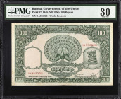 BURMA. Government of the Union of Burma. 100 Rupees, 1948 (ND 1950). P-37. PMG Very Fine 30.
Watermark of peacock. Printed date of January 1st, 1948....