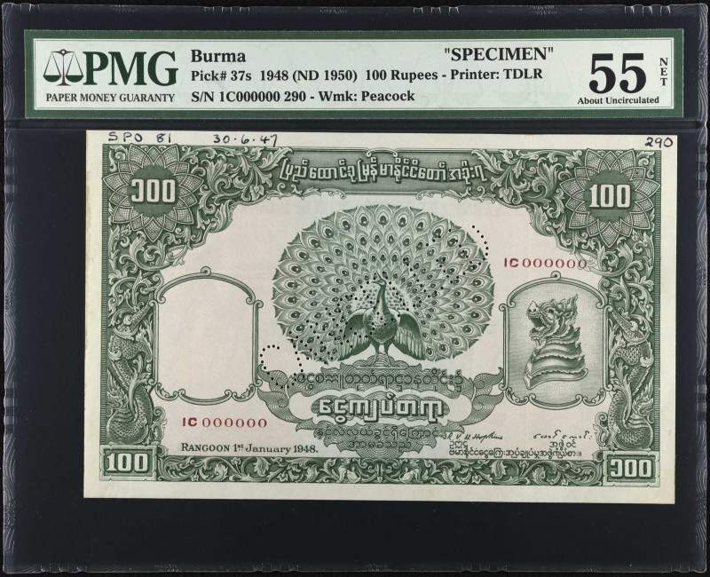 BURMA. Government of the Union of Burma. 100 Rupees, 1948 (ND 1950). P-37s. Spec...