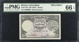 BURMA. Union Bank of Burma. 1 Rupee, ND (1953). P-38s. Specimen. PMG Gem Uncirculated 66 EPQ.
Watermark of peacock. Cancelled perforated. PMG Pop 2/N...