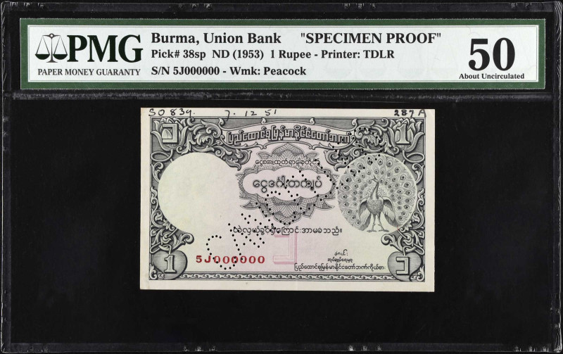 BURMA. Union Bank of Burma. 1 Rupee, ND (1953). P-38sp. Specimen Proof. PMG Abou...