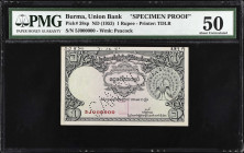 BURMA. Union Bank of Burma. 1 Rupee, ND (1953). P-38sp. Specimen Proof. PMG About Uncirculated 50.
Printed by TDLR. Watermark of peacock. Cancelled p...