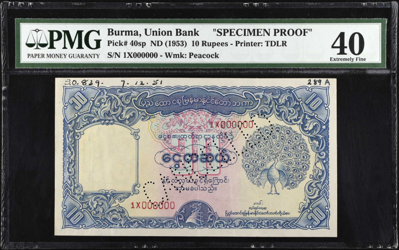 BURMA. Union Bank of Burma. 10 Rupees, ND (1953). P-40sp. Specimen Proof. PMG Ex...