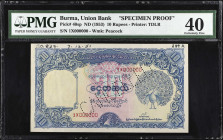 BURMA. Union Bank of Burma. 10 Rupees, ND (1953). P-40sp. Specimen Proof. PMG Extremely Fine 40.
Printed by TDLR. Watermark of peacock. Penned dated ...