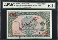 BURMA. Union Bank of Burma. 100 Kyats, ND (1958). P-51s. Specimen. PMG Choice Uncirculated 64 Net. Previously Mounted.
Printed by TDLR. Watermark of ...