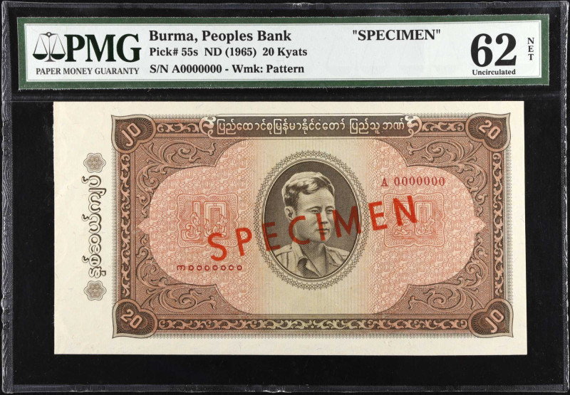 BURMA. Peoples Bank of Burma. 20 Kyats, ND (1965). P-55s. Specimen. PMG Uncircul...