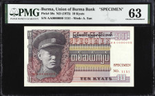 BURMA. Union Bank of Burma. 10 Kyats, ND (1973). P-58s. Specimen. PMG Choice Uncirculated 63.
Watermark of A. San. Red Specimen overprint. Specimen N...