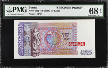 BURMA. Union of Burma Bank. 35 Kyats, ND (1986). P-63sp. Specimen Proof. PMG Superb Gem Uncirculated 68 EPQ.
Printed by SPW. Specimen overprint. Attr...