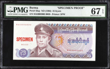 BURMA. Union of Burma Bank. 35 Kyats, ND (1986). P-63sp. Specimen Proof. PMG Superb Gem Uncirculated 67 EPQ.
Printed by SPW. Red specimen overprint. ...