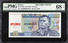 BURMA. Lot of (2). Union of Burma Bank. 45 Kyats, ND (1987). P-64sp. Front & Back Specimen Proofs. PMG Gem Uncirculated 66 EPQ & Superb Gem Unc 68 EPQ...