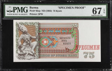 BURMA. Union of Burma Bank. 75 Kyats, ND (1985). P-65sp. Specimen Proof. PMG Superb Gem Uncirculated 67 EPQ.
Printed by SPW. Red specimen overprint. ...