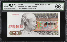 BURMA. Union of Burma Bank. 75 Kyats, ND (1985). P-65sp. Specimen Proof. PMG Gem Uncirculated 66 EPQ.
Printed SPW. Red specimen overprint. One of jus...