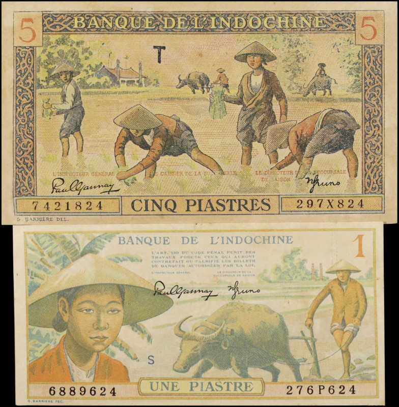 FRENCH INDO-CHINA. Lot of (2). Banque de l'Indochine. 1 & 5 Piastres, ND (1944)....