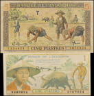 FRENCH INDO-CHINA. Lot of (2). Banque de l'Indochine. 1 & 5 Piastres, ND (1944). P-74 & 75. Extremely Fine.
A duo of French Indo-China notes. The 5 P...