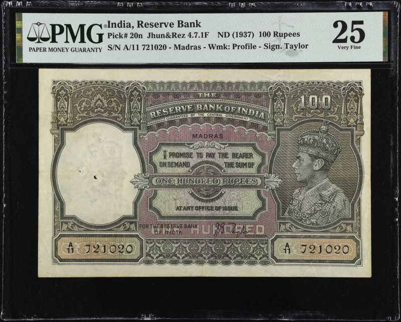INDIA. The Reserve Bank of India. 100 Rupees, ND (1937). P-20n. PMG Very Fine 25...