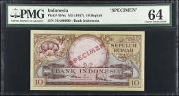 INDONESIA. Bank of Indonesia. 10 Rupiah, ND (1957). P-49As. Specimen. PMG Choice Uncirculated 64.
Red Specimen overprint. We have not offered this sp...