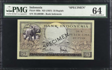 INDONESIA. Bank of Indonesia. 25 Rupiah, ND (1957). P-49Bs. Specimen. PMG Choice Uncirculated 64.
Black specimen overprint. A type which is very tigh...