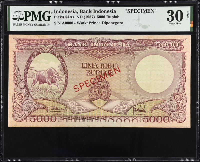 INDONESIA. Bank of Indonesia. 5000 Rupiah, ND (1957). P-54As. Specimen. PMG Very...