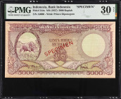 INDONESIA. Bank of Indonesia. 5000 Rupiah, ND (1957). P-54As. Specimen. PMG Very Fine 30 Net. Repaired.
Watermark of Prince Diponegoro. Red specimen ...