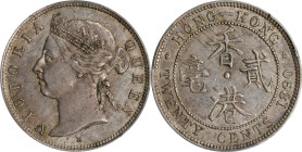 (t) HONG KONG. 20 Cents, 1890-H. Birmingham (Heaton) Mint. Victoria. PCGS AU-50.
KM-7; Mars-C28; Prid-41. Sporting a mix of gunmetal gray and amber, ...