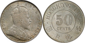 (t) HONG KONG. 50 Cents, 1905. London Mint. Edward VII. PCGS MS-63.
KM-15; Mars-C35; Prid-15. Rather alluring and enticing, this Choice minor present...