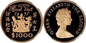 HONG KONG. 1000 Dollars, 1975. Elizabeth II. NGC PROOF-69 Ultra Cameo.
Fr-1; KM-38; Mars-G1. Mintage: 5,005. Commemorating the Royal Visit of Elizabe...