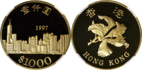 (t) HONG KONG. 1000 Dollars, 1997. NGC PROOF-70 Ultra Cameo.
Fr-15; KM-71. Return of Hong Kong to China. As flawless as one can hope to encounter, th...