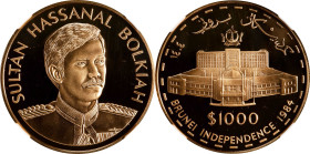 BRUNEI. 1000 Dollars, 1984. Llantrisant (Royal) Mint. Hassanal Bolkiah. NGC PROOF-69 Ultra Cameo.
Fr-3; KM-28. Mintage: 1,000. Struck to celebrate Br...