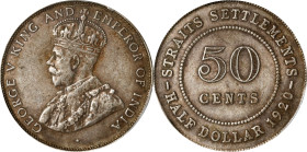STRAITS SETTLEMENTS. 50 Cents, 1920. London Mint. George V. PCGS AU-50.
KM-35.2; Prid-37. Dot below bust variety. Far more elusive than the "cross" v...