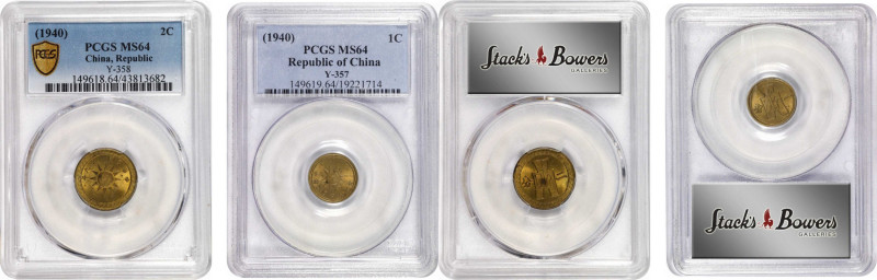 CHINA. Duo of 2 Cents & Cent (2 Pieces), Year 29 (1940). Both PCGS MS-64 Certifi...