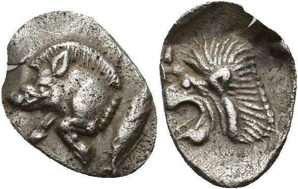 GRECIA ANTIGUA. MISIA. Cízico. Óbolo (525-475 a.C.). A/ Prótomo de jabalí a izq....