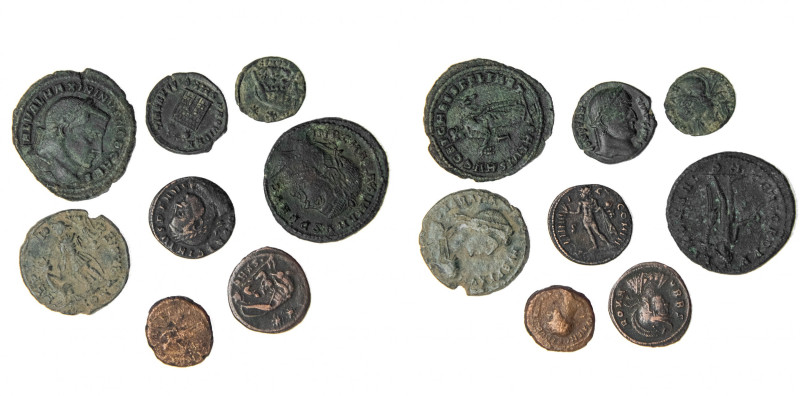 IMPERIO ROMANO. Lote de 8 monedas AE: 1 cuadrante de Trajano y 7 follis de difer...