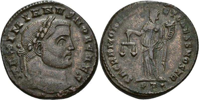 IMPERIO ROMANO. GALERIO MAXIMIANO. Follis. Ticinum (300-303). A/ Cabeza laureada...