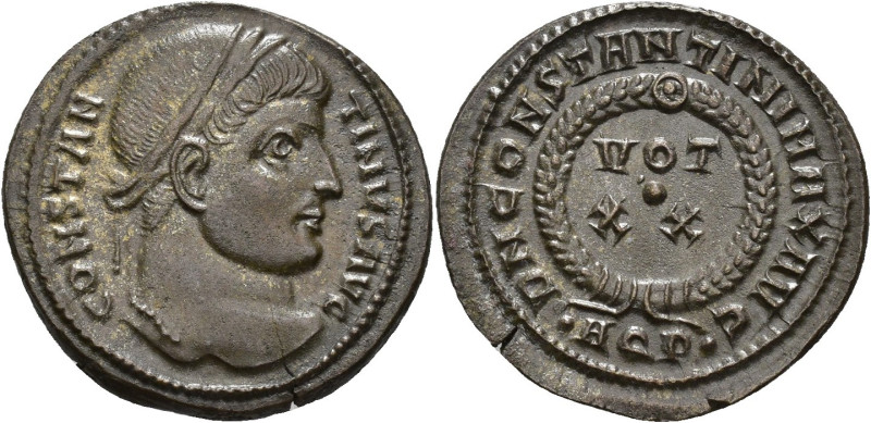 IMPERIO ROMANO. CONSTANTINO I. Follis. Aquileia (320-321). A/ Cabeza laureada a ...