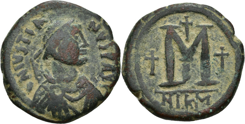 IMPERIO BIZANTINO. JUSTINO II. Follis. Nicomedia. a/ Ley. D N IVSTIA-NVS P AV(G)...